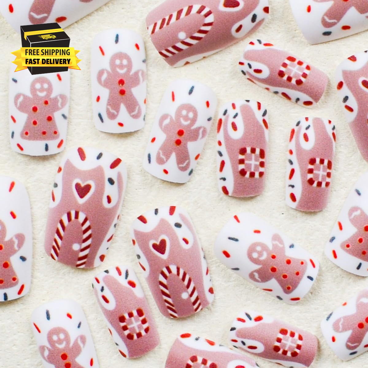 Christmas Gingerbread Man Press on Nails Short Square Fake Nails with Cute Candy