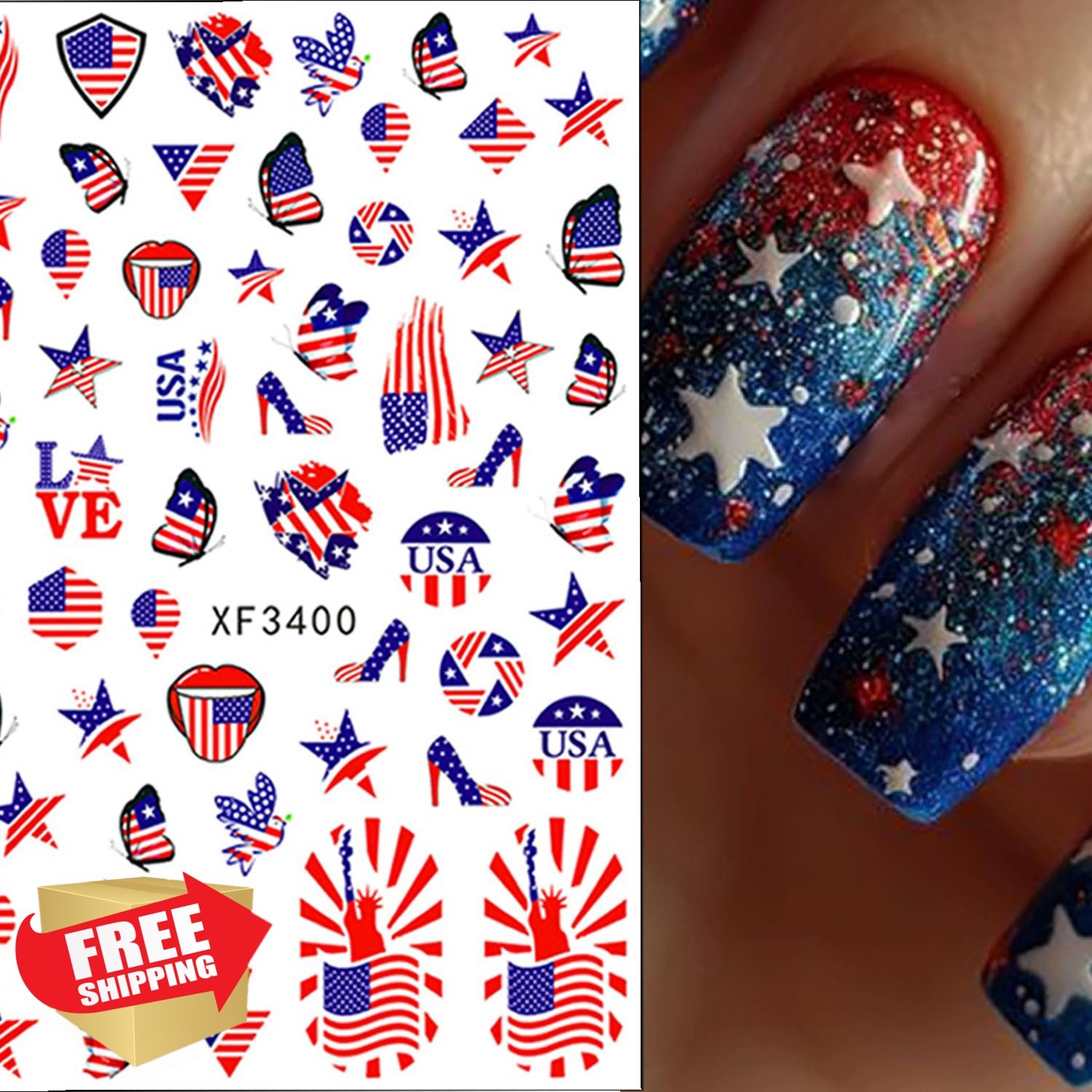 Mdscve 8 Sheets 4th July Nail Stickers Blue Red Stars