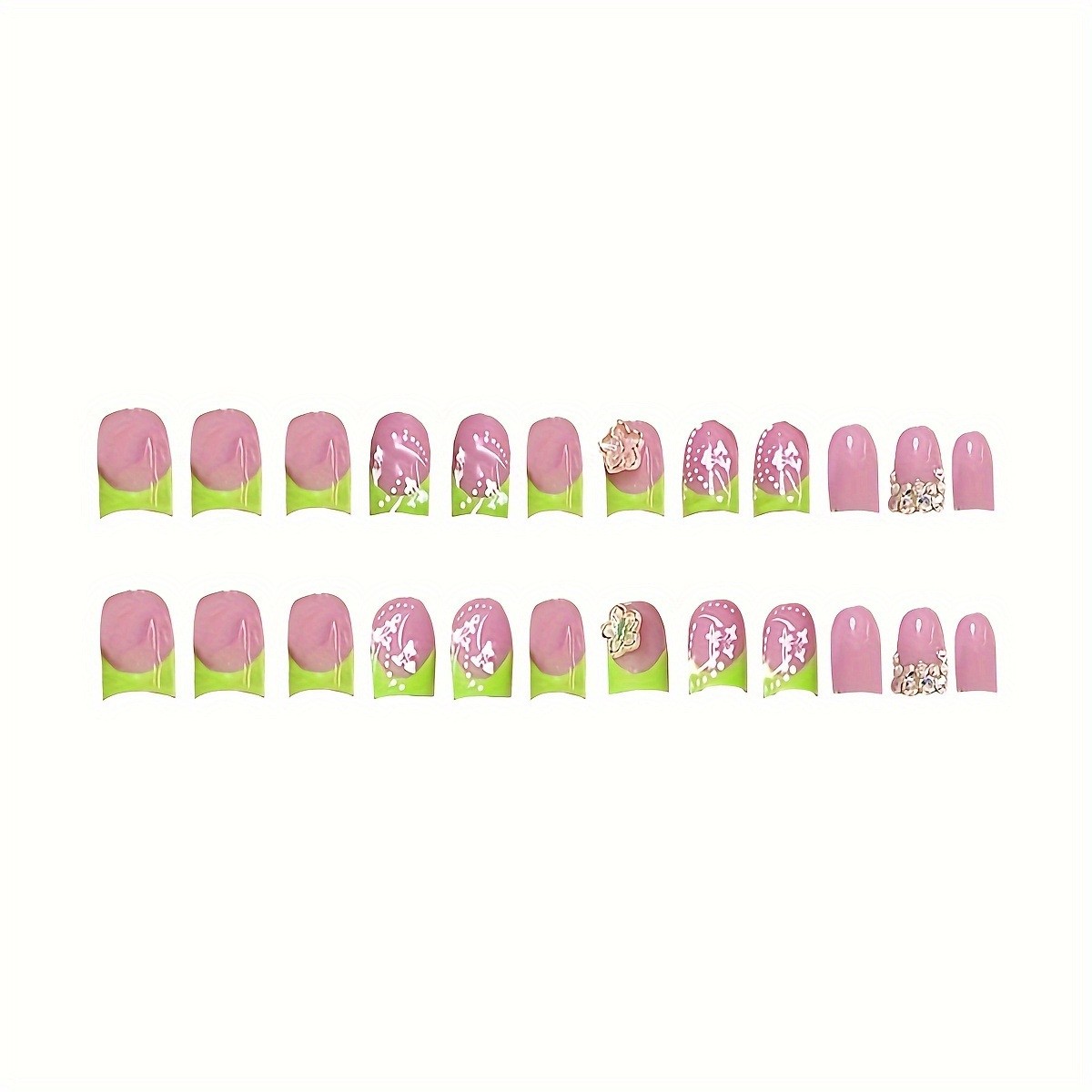 48Pcs Green French Floral Square Press On Nails