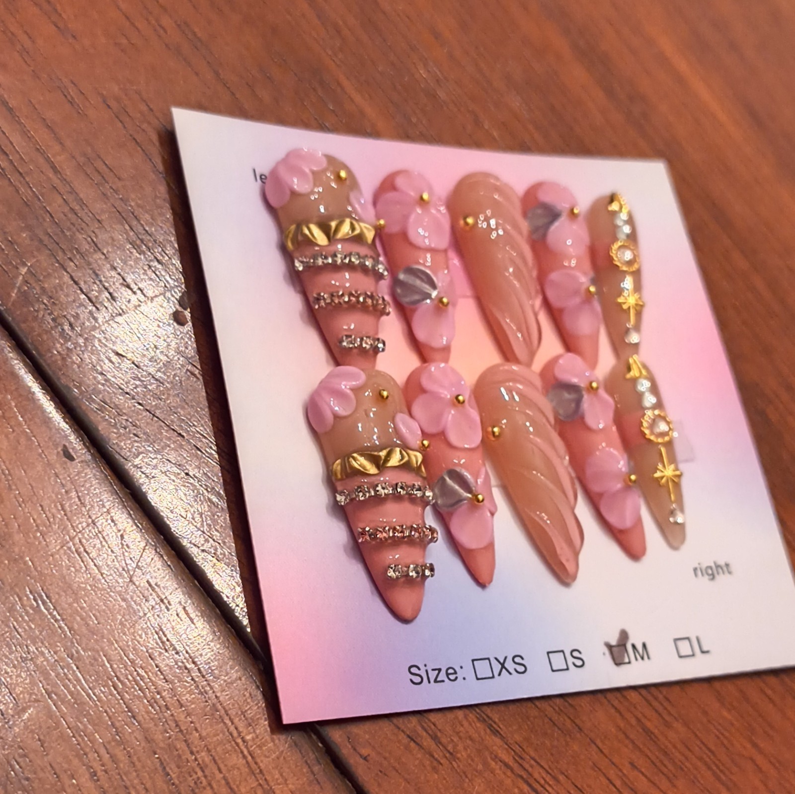 Press-On Nails Medium Stiletto Pink Beige Gold 3D Flower Full Cover Set