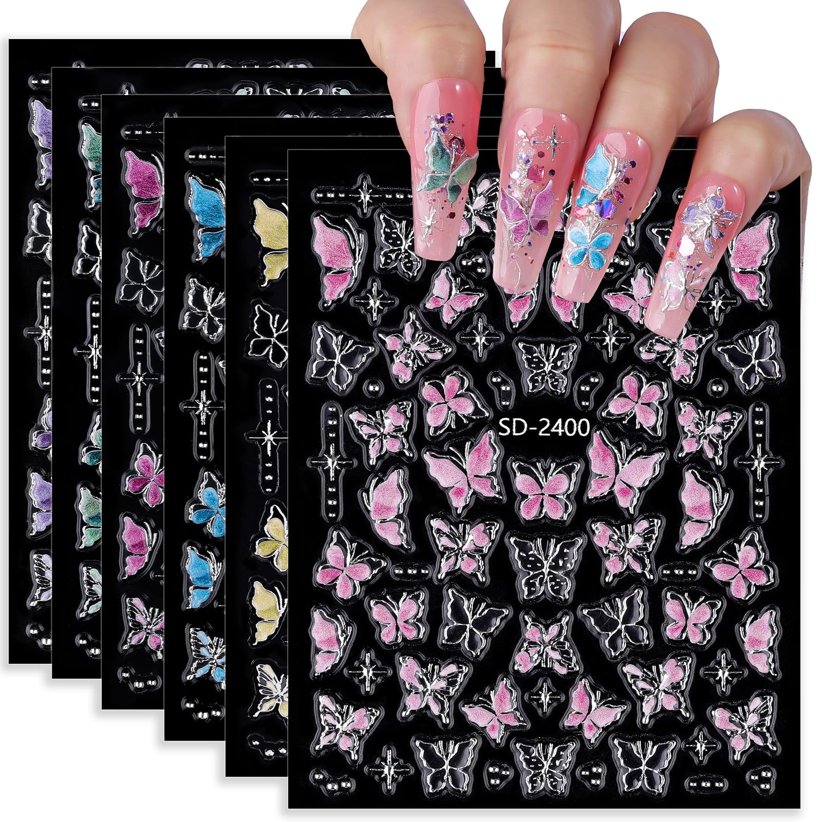 Umillars Butterfly Pink Purple 5D Embossed Nail Stickers 6 Sheets