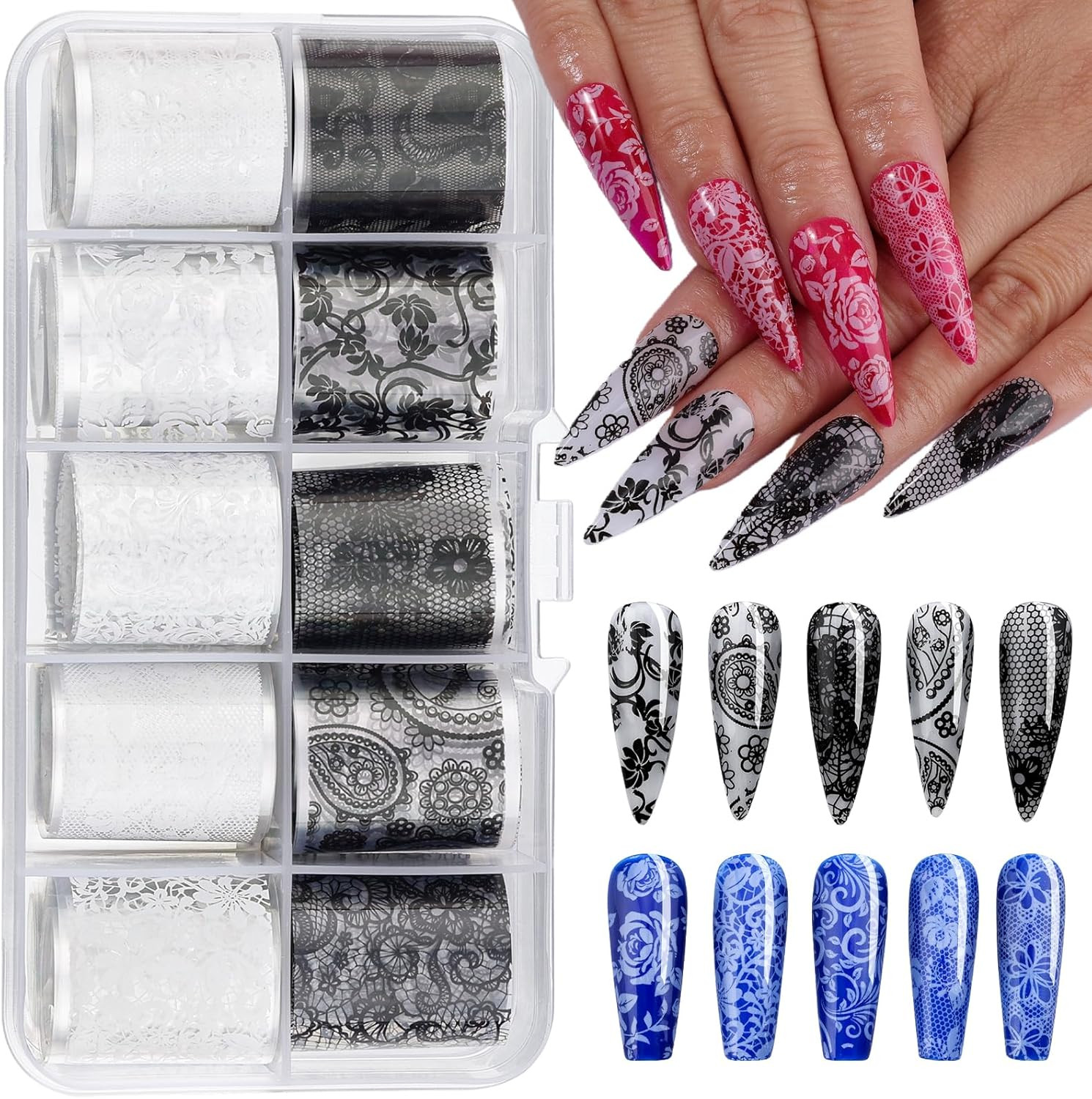 Lace Nail Foil Transfer Sheets, 10 Rolls Black White Flower Nail Art Transfer Fo