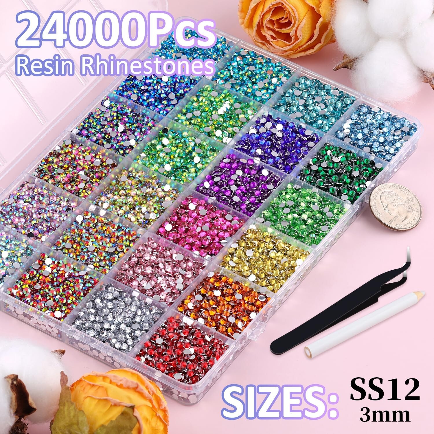 Resin Rhinestones with Tweezers for Crafting, Mixed-Color