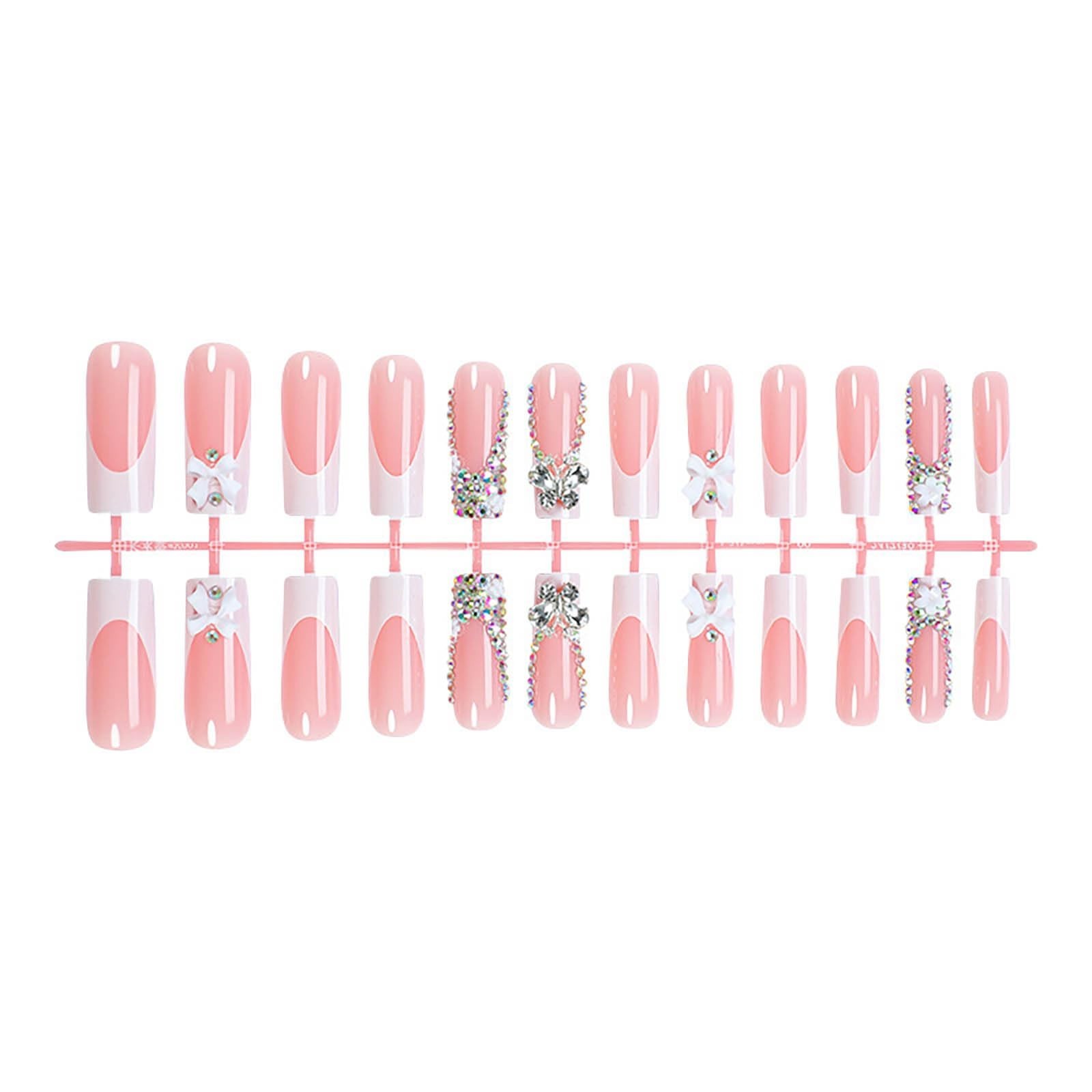 24Pcs Long Square XL Pink Full Cover Press On Nails White French Rhinestones