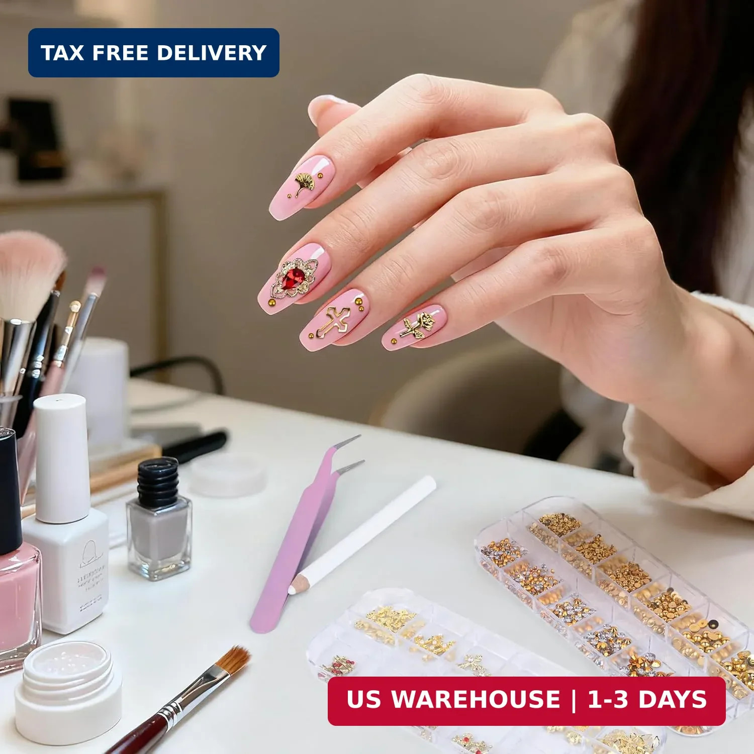 Gold Nail Charms and Nail Gems with 4 Boxes of Rhinestones 3D Metal for Nail Art