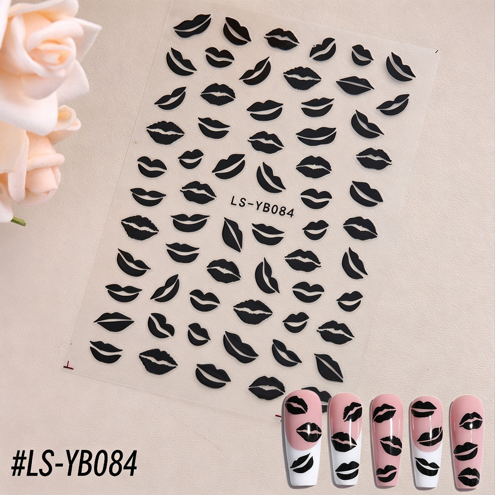 Ins European Atmosphere Nail Stickers, Blazing Red Lips Pattern, Black & White L