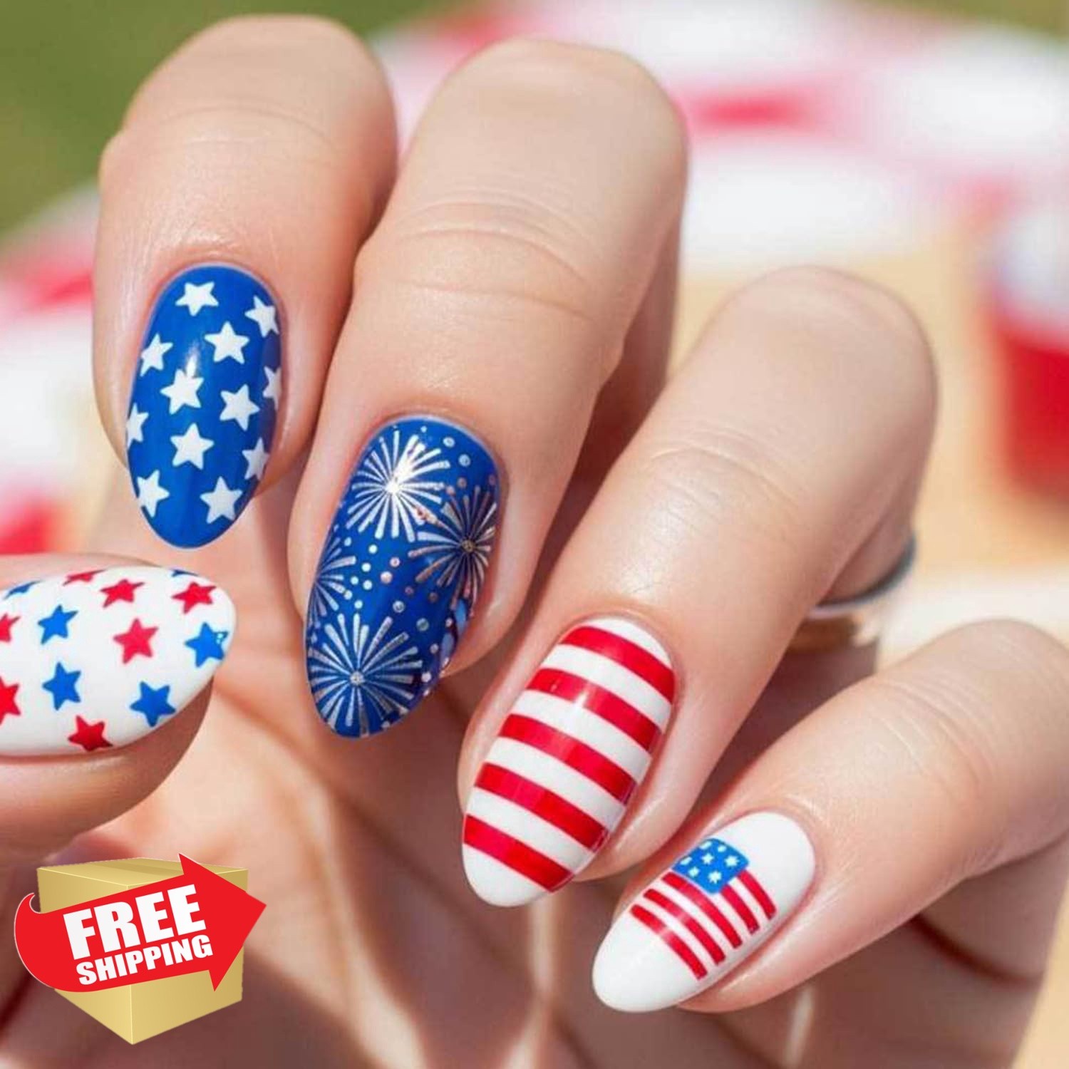 TBRZTR 4th of July Oval Press on Nails Fireworks Stars