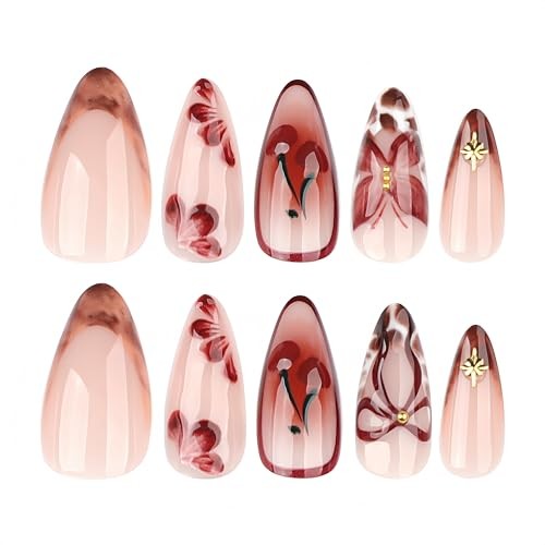 24Pcs Wine Red Cherry Press on Nails Medium Almond Fake Nails with 3D cherry