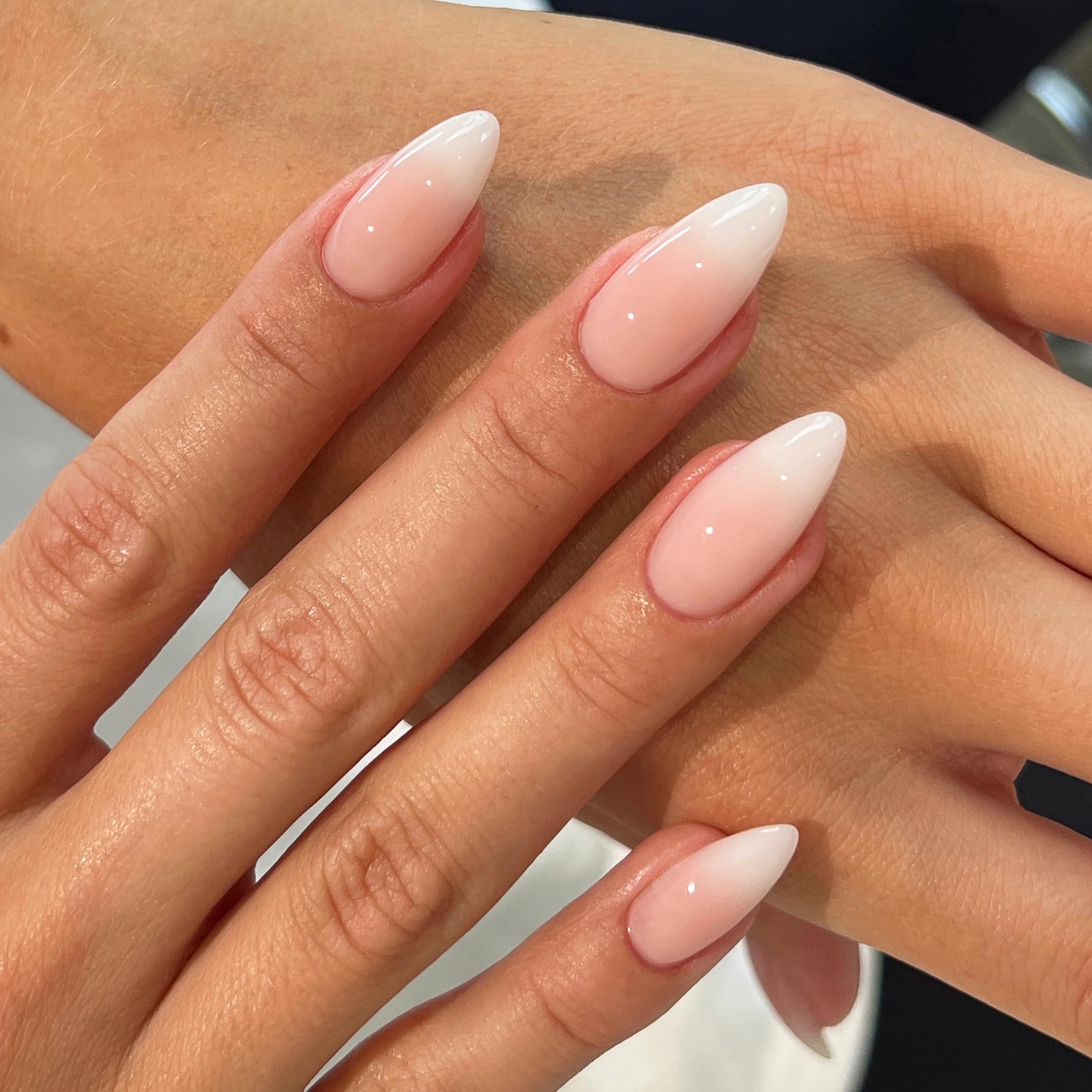 Press on Nails Almond, Ombre Nude to White Fake Nails Medium Press Ons, Gloss…