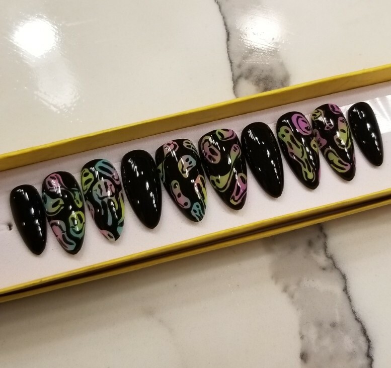 Custom Press On Nails Black Distorted Smileys Rainbow Ombre Trippy Almond
