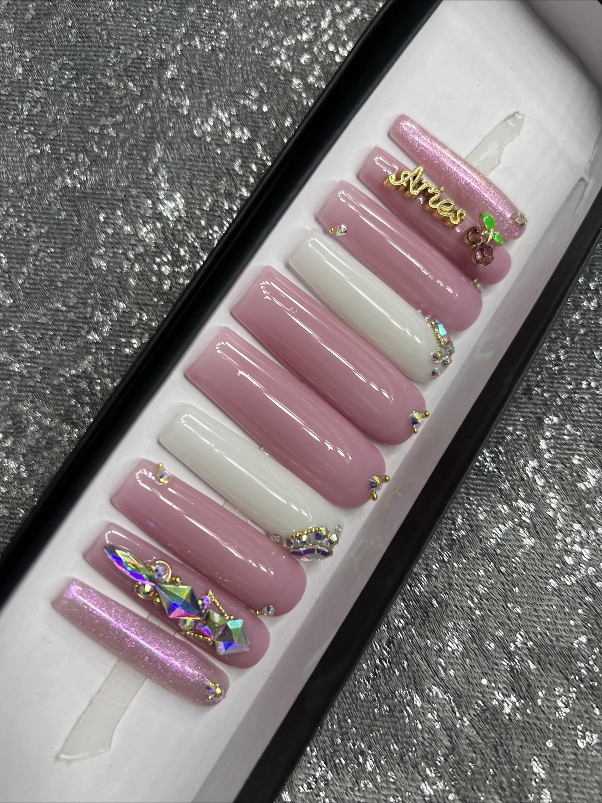 🍒 CUSTOM Gel Press On Nails, LILAC BLING ARIES , 10p FULL SET W Kit LONG SQUARE