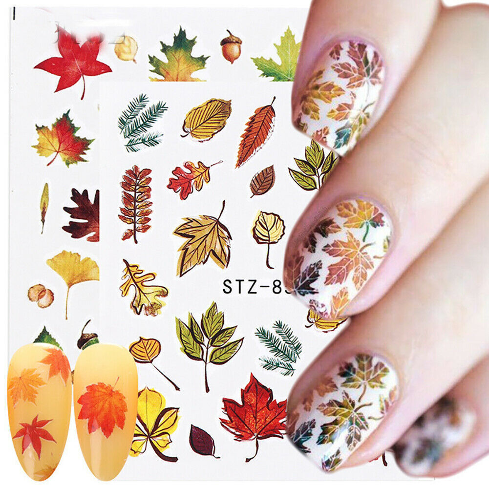 Nail Art Water Decals Stickers Transfers Autumn Winter Green Maple Oak Leaf NH15