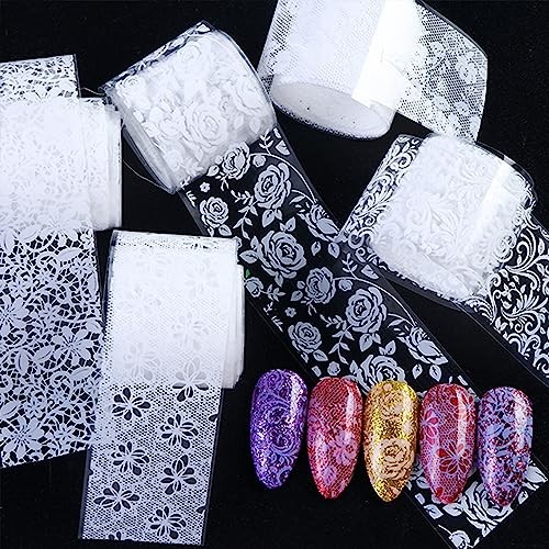 20 Roll Nail Foil Transfer Sticker Kit – Black, White, Lace, Flower &