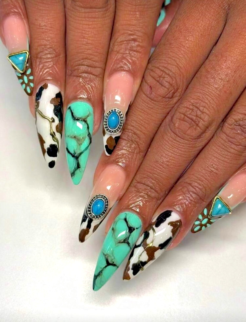 24pcs Long Blue Turquoise Western, Cowgirl – Press-On Nails New