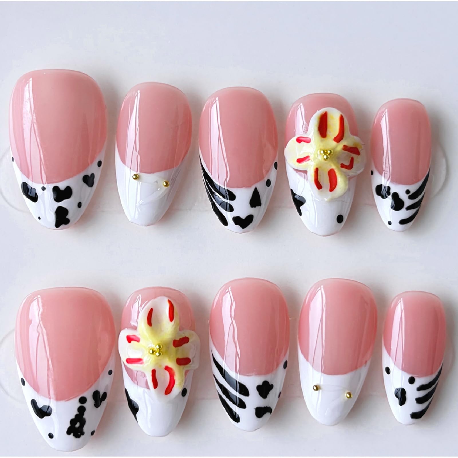 Cute Handmade Press on Nails 3D Flower and Cow Print French Tips Almond Fake …