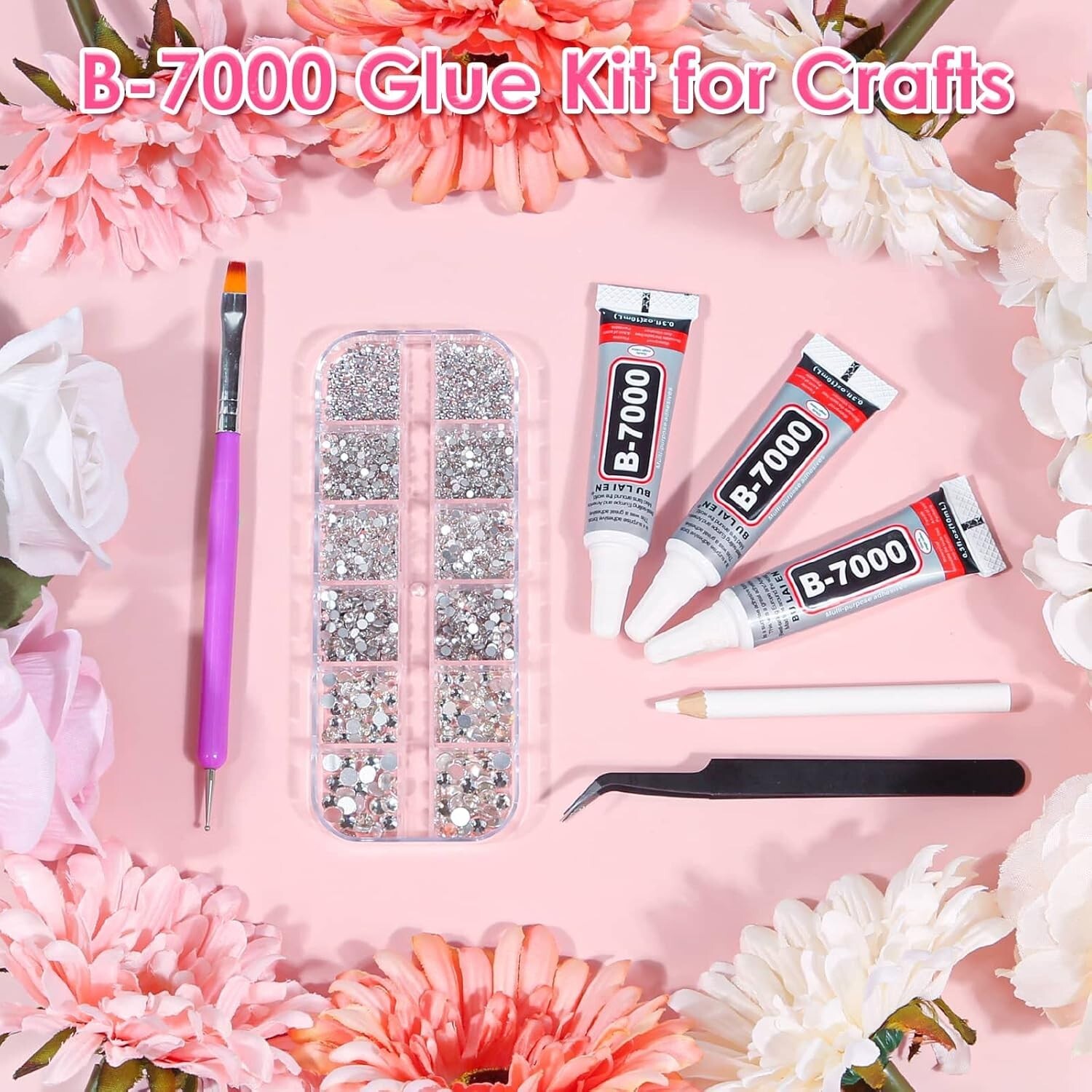 2100Pcs Crystal Glass Rhinestone with Tweezer Clear Glue For DIY Nail Art Fabric