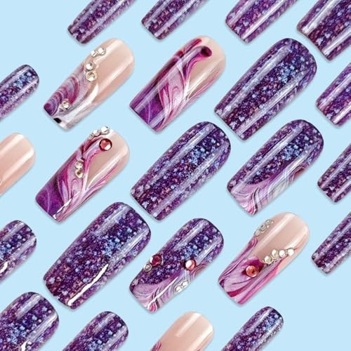 Purple Curve Line Press on Nails Glossy Red Gradient Stick on Purple Starry Sky