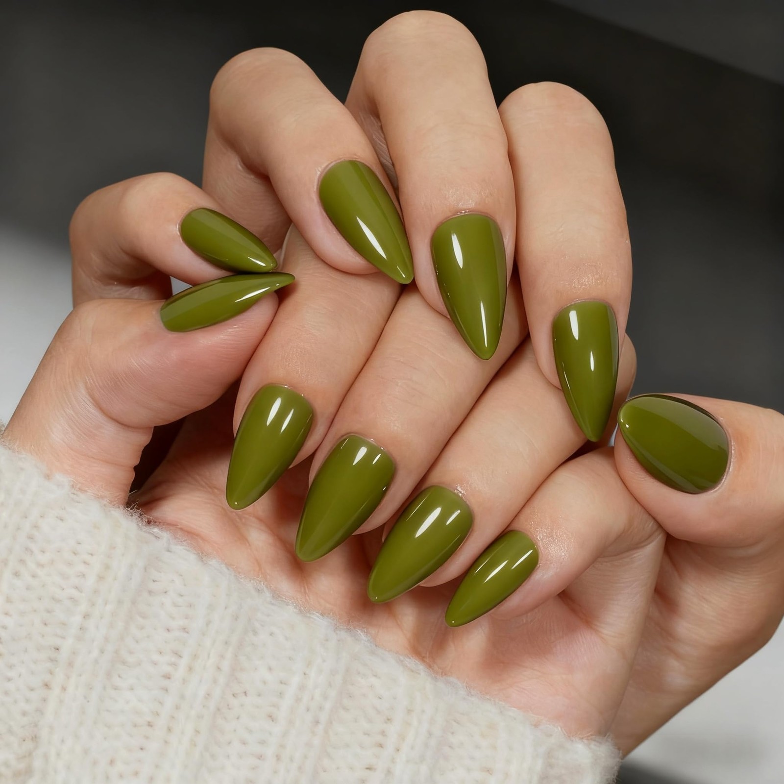 SXVME Olive Green Press On Nails Almond 0.04 Fl Oz (Pack of 24), olive green