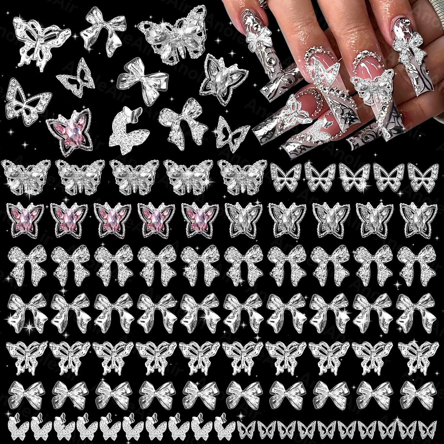 80 Pcs Silver Butterfly Nail Charms and Gems, 3D Pink Color Butterfly COLOR-S2