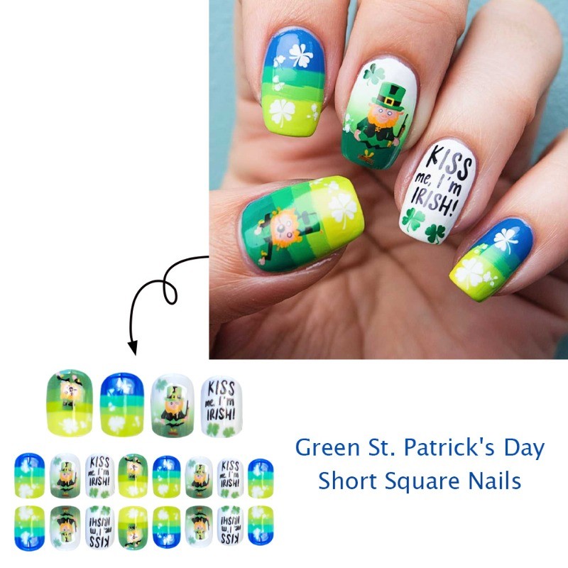 48 Pieces of Short Square Gradient Yellow Green Cartoon Clover Fake Nail Art