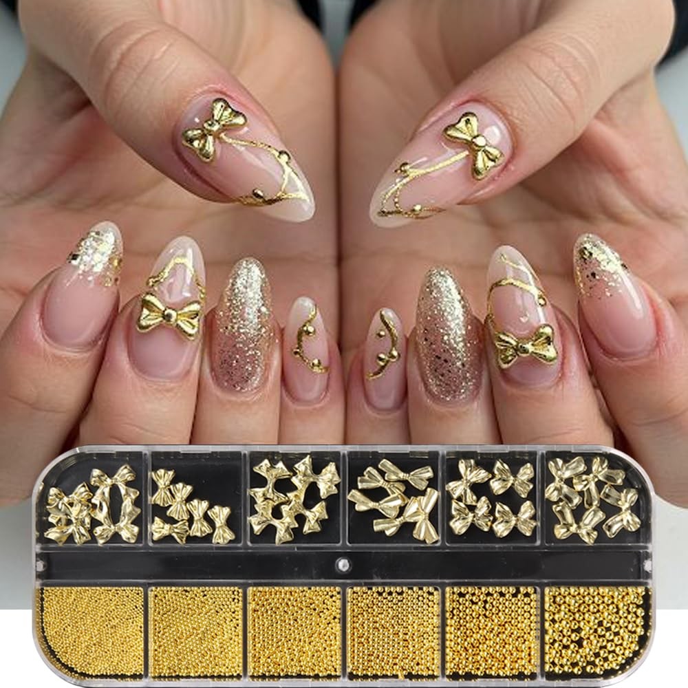 Golden Metal Bow Knot Steel Beads Nails Decoration Kit,3D Alloy Bow-Knot Gold…