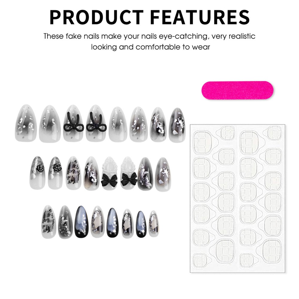 Nail Stickers Almond Shape Black 3D Bow with Pearl Heart Star Gradient Glitter