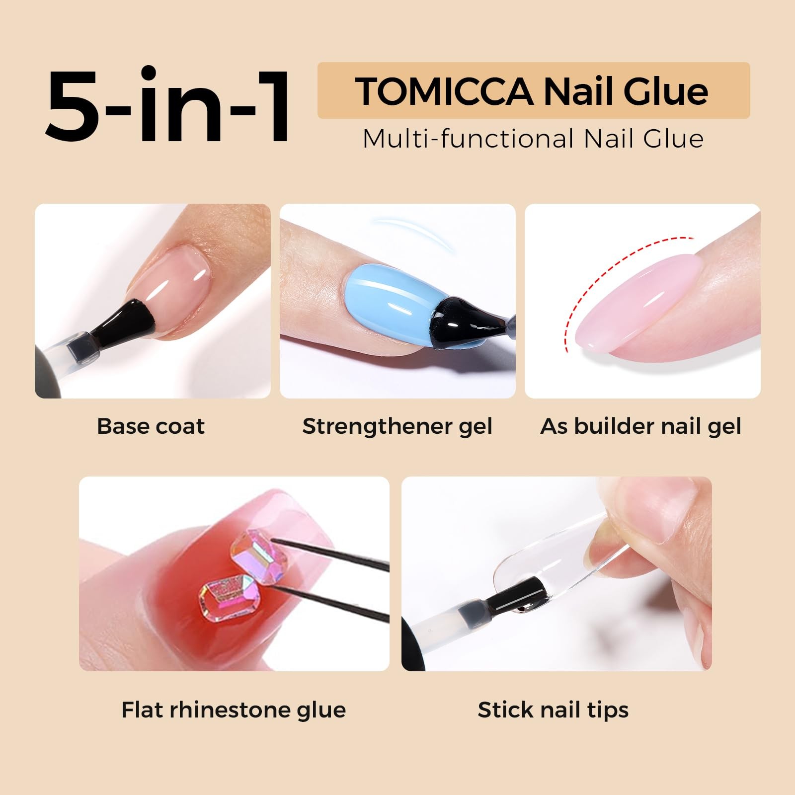 TOMICCA 5 in 1 Nail Glue for Clear Acrylic Nails Tips, UV Nail Glue Long Last…