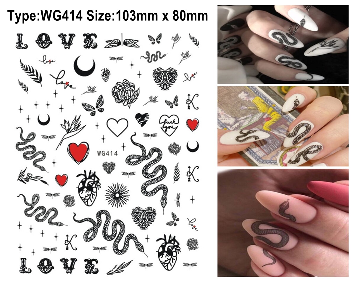 Snake Nail Sticker Rose Black & White Heart Love Arrow Moon Stars Nail Decals
