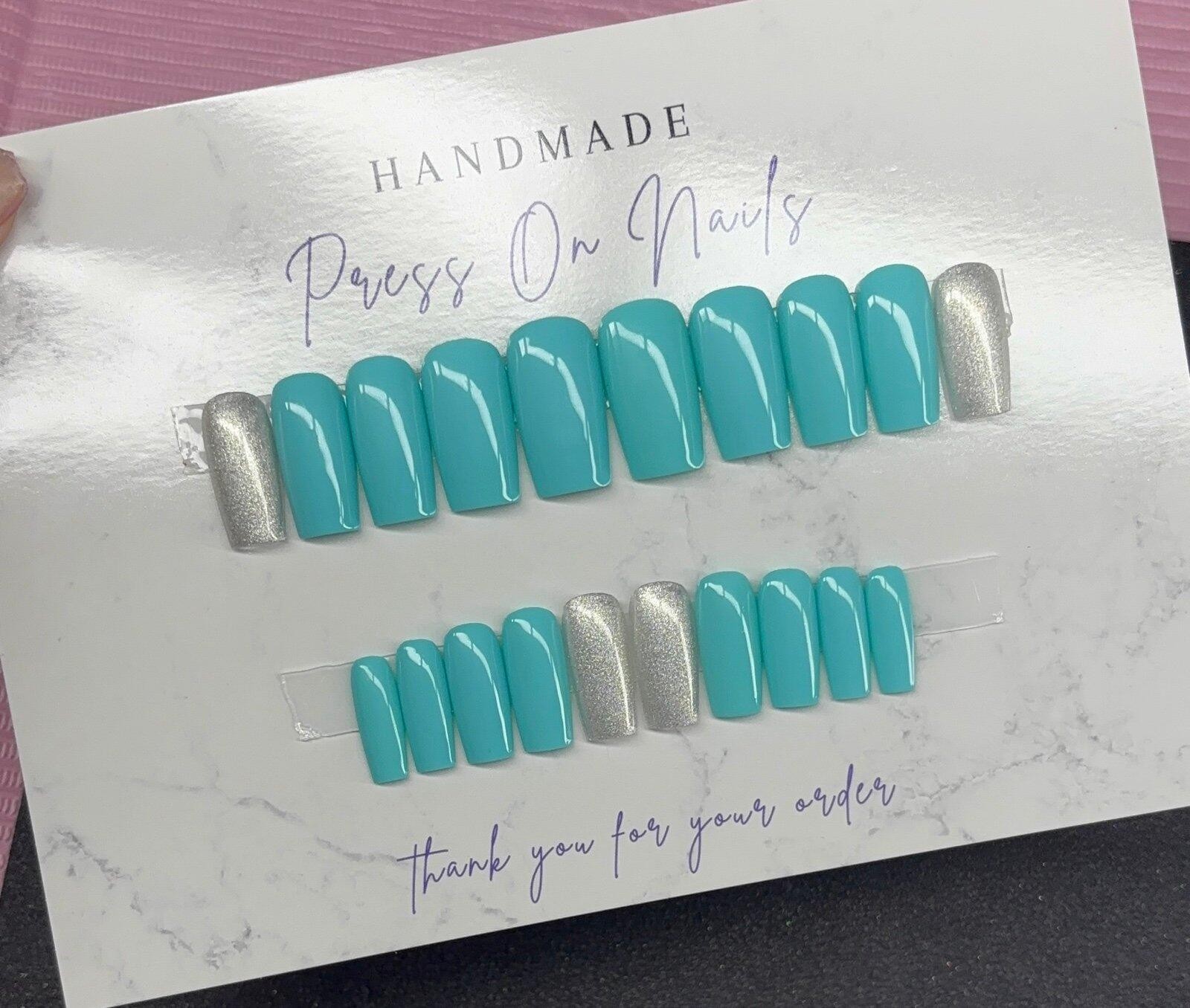 Medium square Press on nails silver glitter teal light blue handmade custom gel