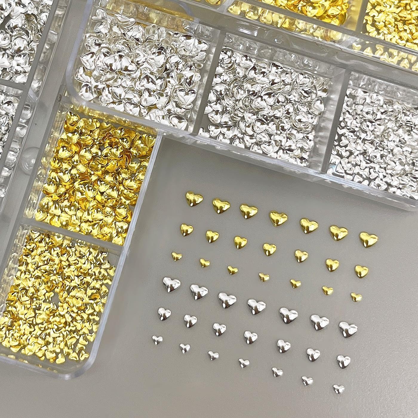 6-Grid Heart Shaped Nail Rivet Kit Mixed Silver Metal Sheets for Nail Art