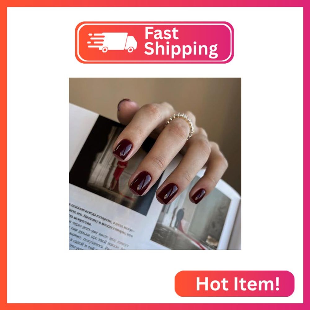 Burgundy Red Press on Nails Short Square, Natural Gel Nails Glue on Fall Colors