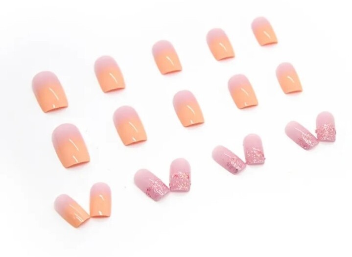 *Brand New* Pink-Orange Ombre Glitter Sunset Press On Fake Nails- Reusable!