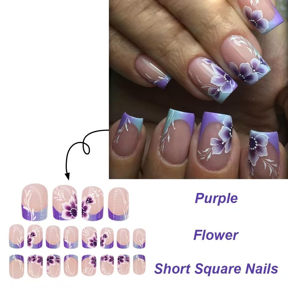 French Tips Press on Nails Purple Flower Fake with Ombre Short, purple