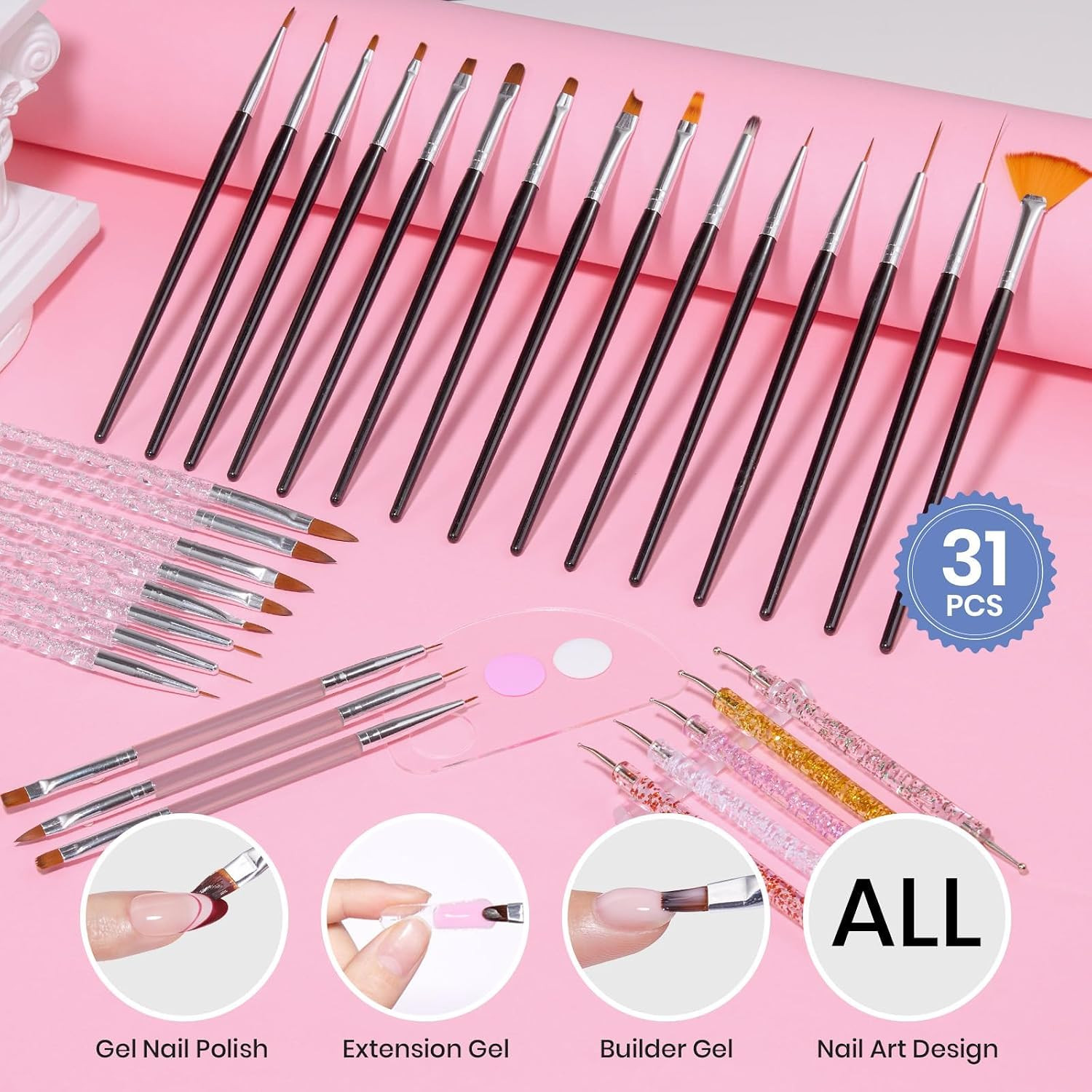 Beetles 31-Piece Nail Art Brush Set with Dotting Tools and Metal Handle