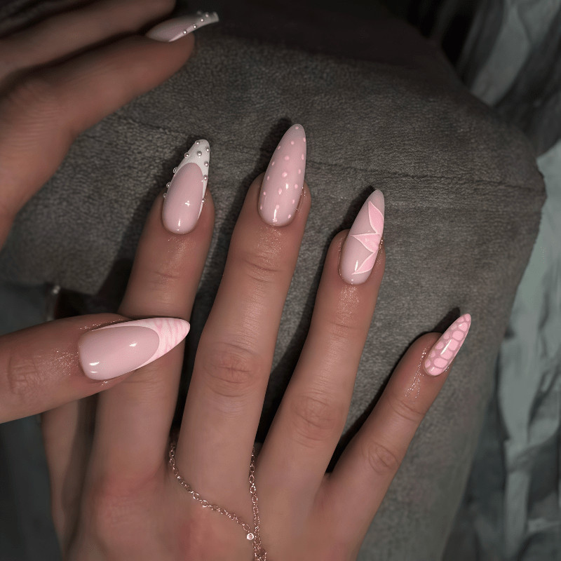48Pcs-Sweet Light Pink Almond Mix Print Dot Star Lattice Line Press on Nails