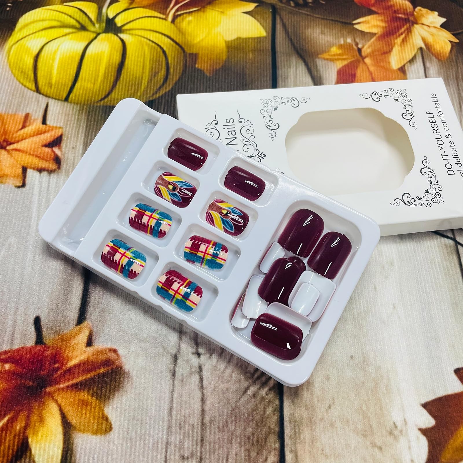 Fall Press on Nails Short Fake Nails with Designs Turkey Stick on Nail Purple…