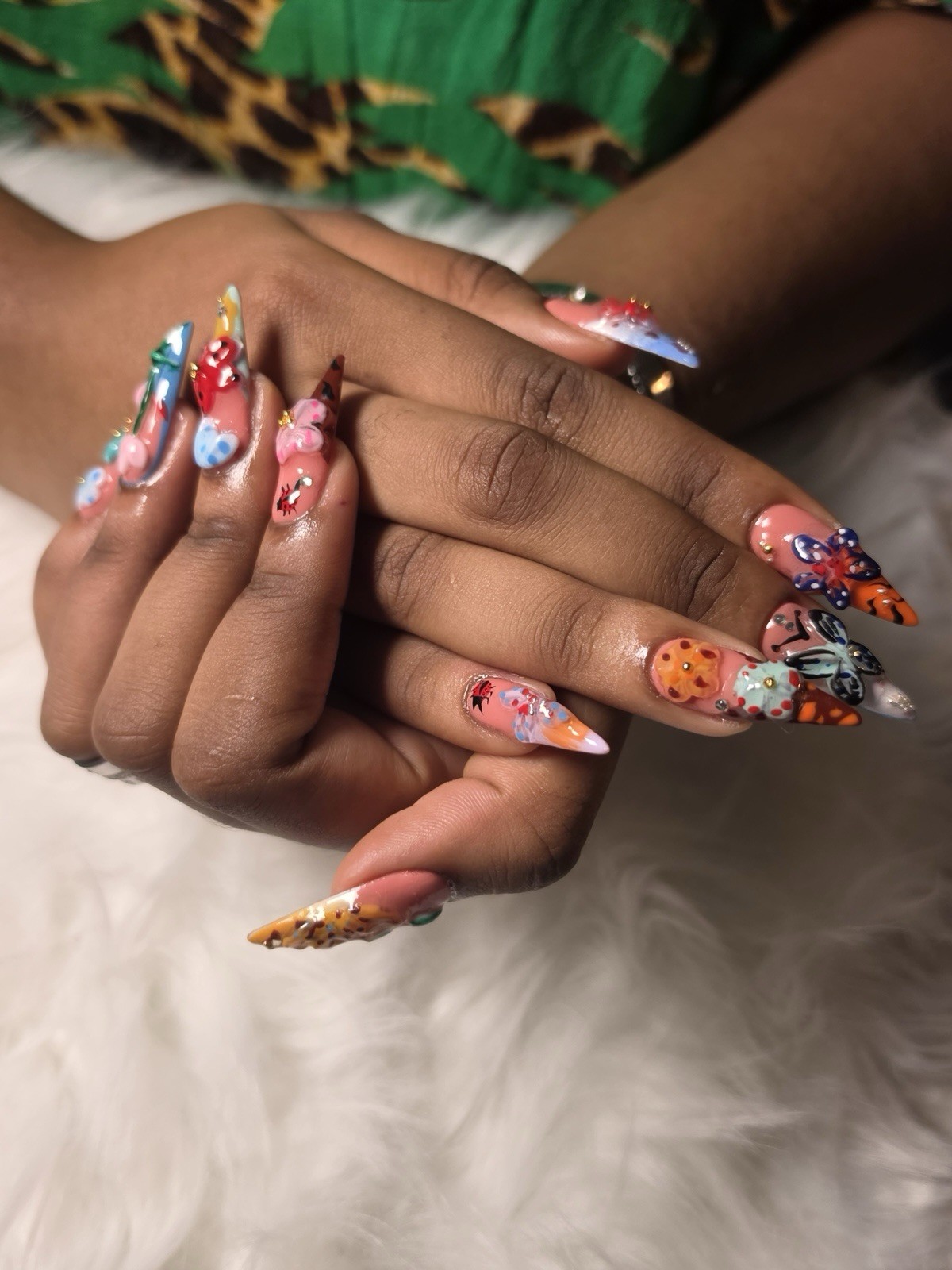 Multicolor 3D Floral Long Stiletto Press-On Nails Pre-Designed Handmade