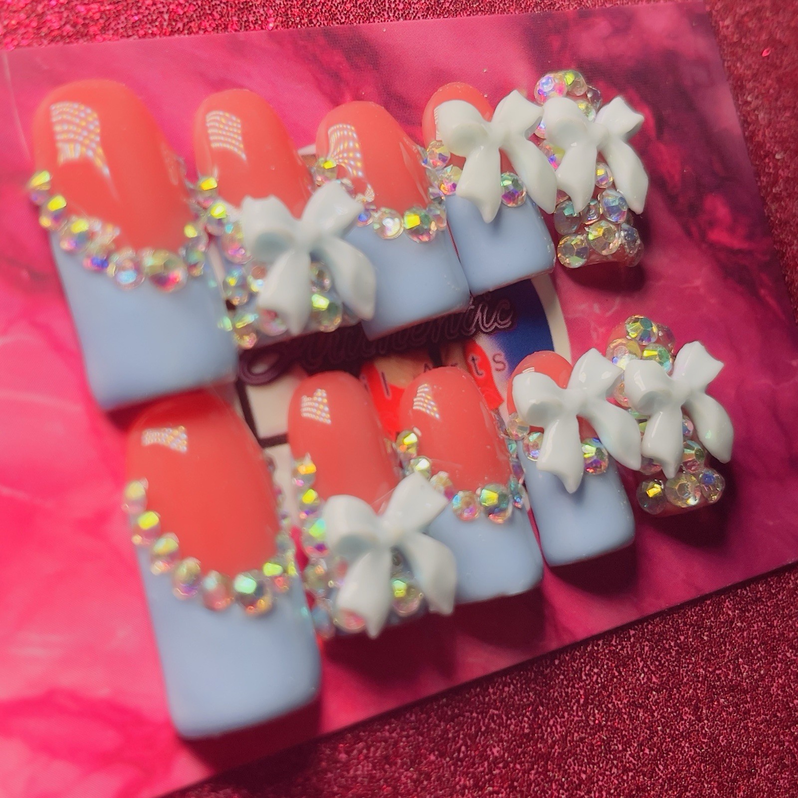 Baby Blue 3D Bow Crystal Press-On Nails Short Square 10pcs