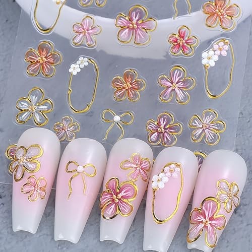 5D Nail Stickers Set for Women Girls, 2 Sheets 3D Flower & Butterfly Nail Pink