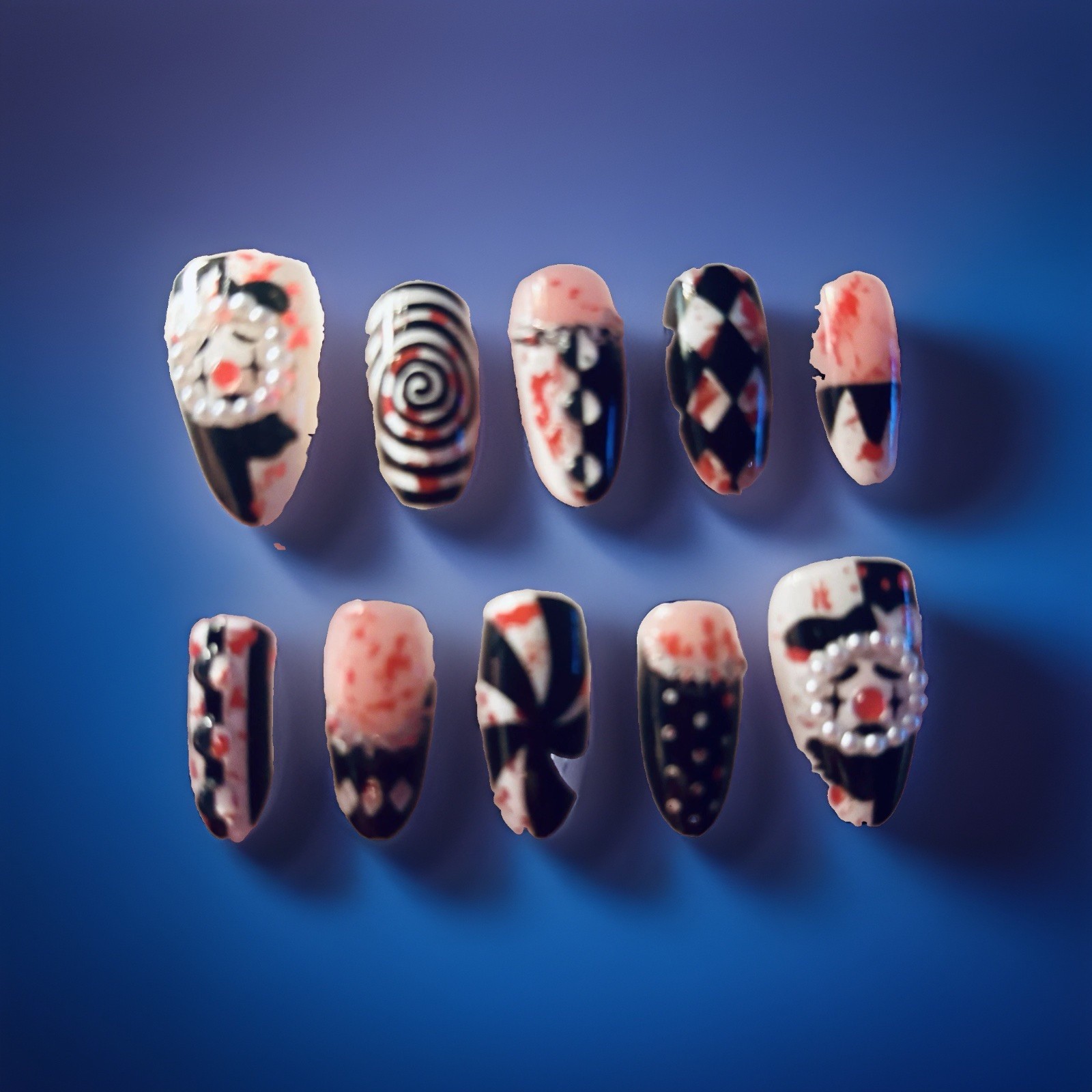 Black/White/Red 3D Press-On Nails Medium Coffin Pre-Designed Halloween