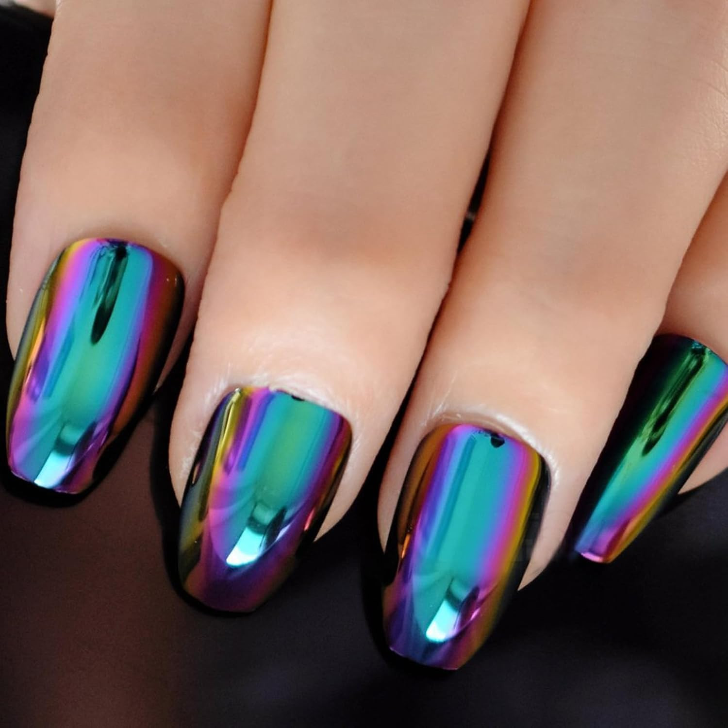 Super Holographic Blue Purple Coffin Nails Mirror Chrome Square Ladies Fake Nail