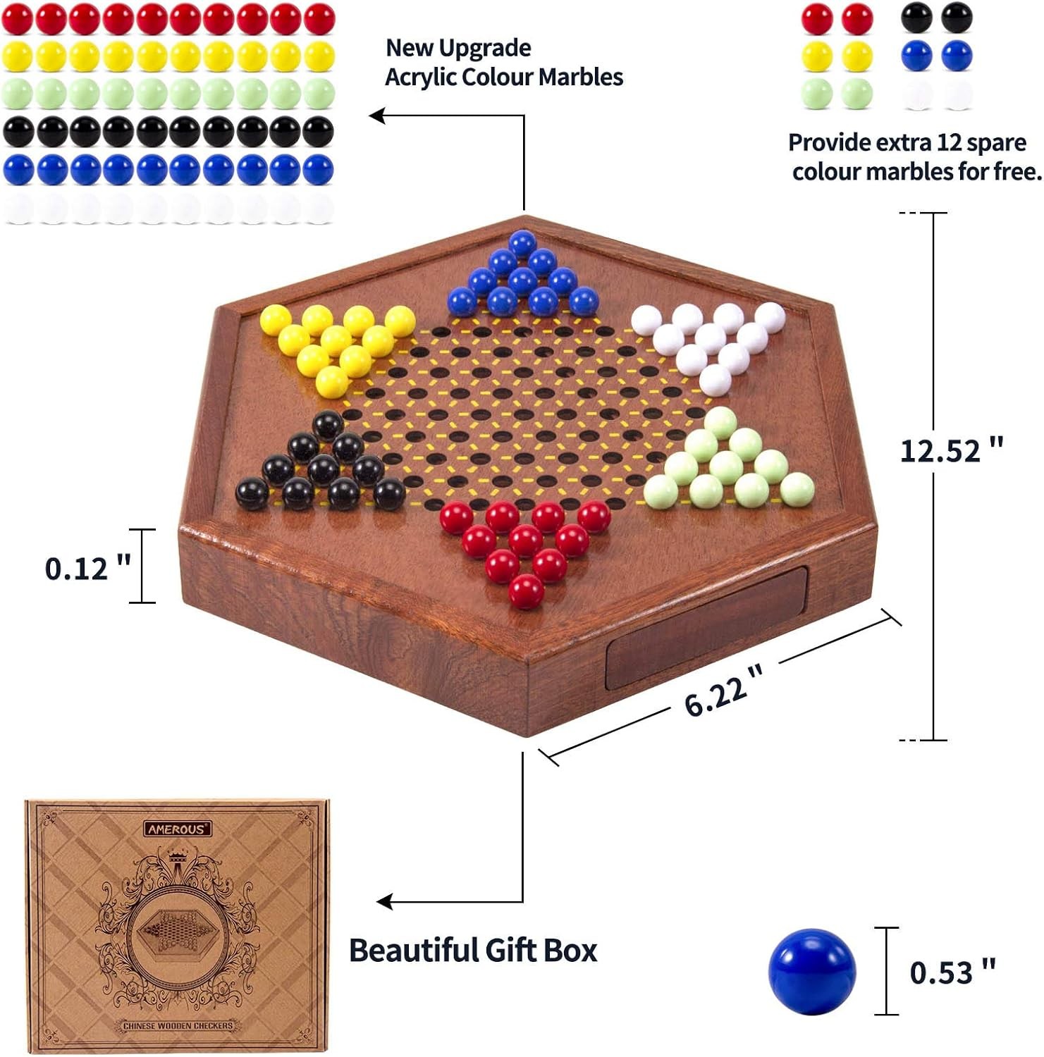 AMEROUS 12.5 inches Wooden Chinese Checkers Set with Storage Drawer – 60…