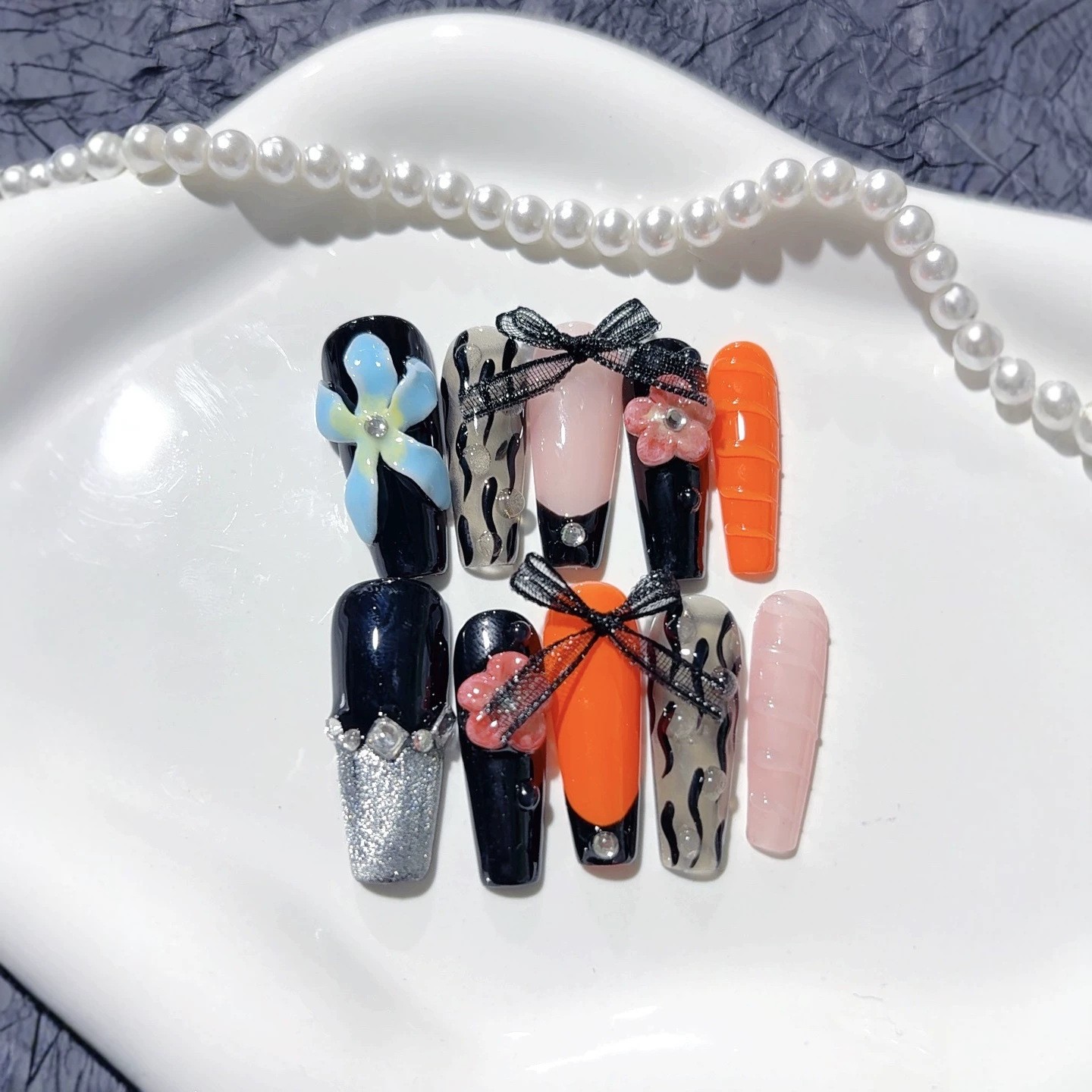 10Pcs Bow Rhinestone 3D Carved Long Coffin Press On Nails Dating Nail Tips