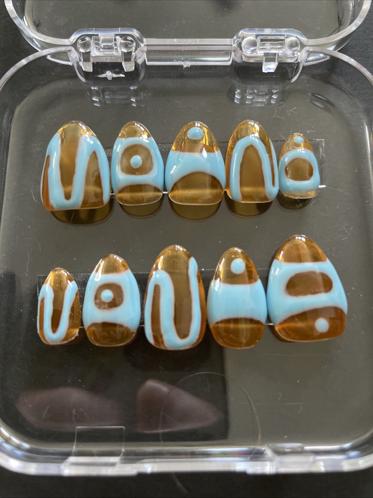 Homemade Press-On-Clear Orange With Blue Abstract Art Almond Nail Set