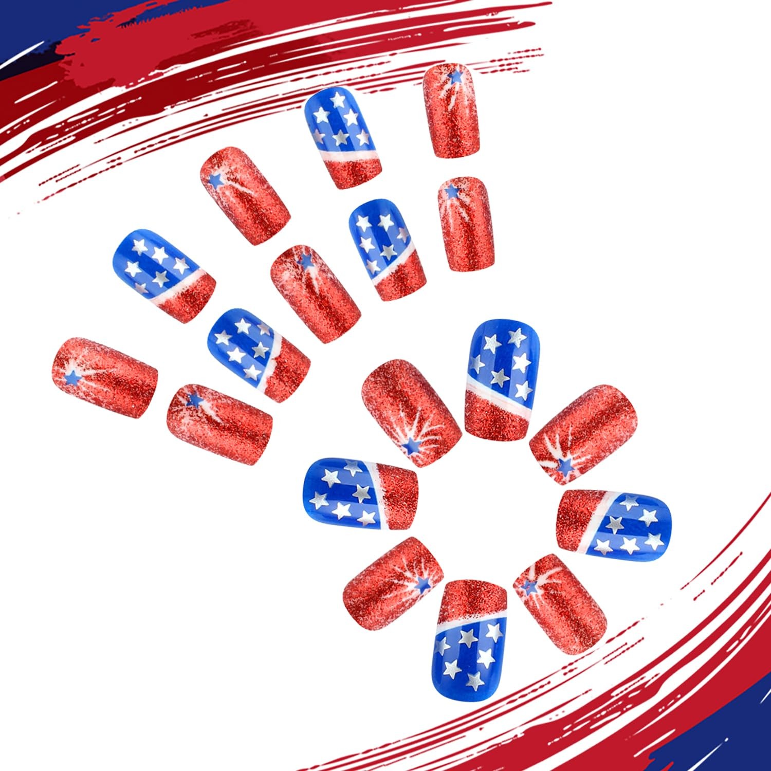 24pcs 4th of July Press on Nails Short Square Independence Day Fireworks Fake…