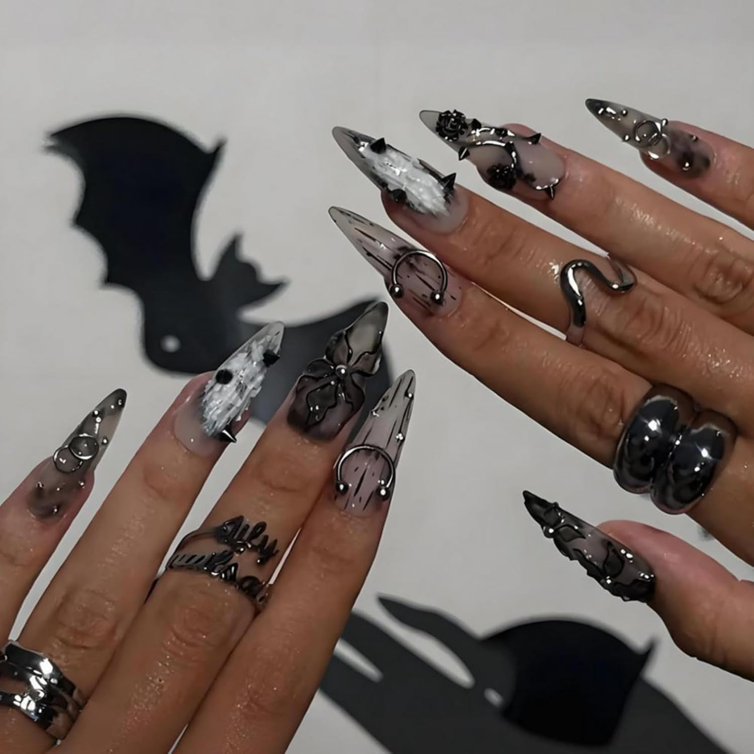 Gothic Punk Style Press on Nails with Black Roses, Metal Spikes & Chains Long Al