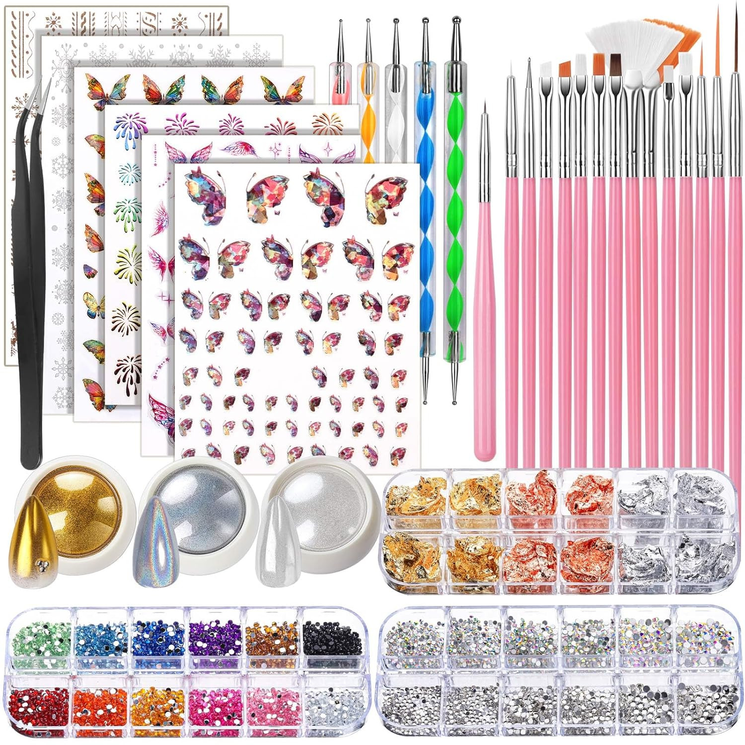 15-Piece Nail Art Kit with Brushes, Dotting Tools, Rhinestones, Stickers & Chrom