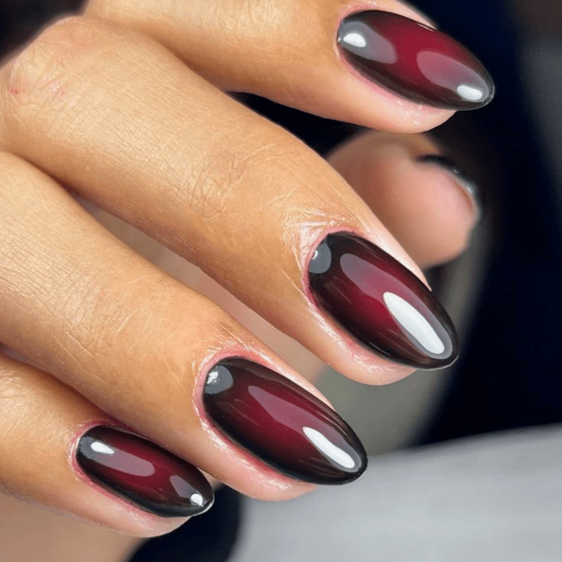 48Pcs-Medium Almond Glossy Burgundy Gradient Press on Nails Set