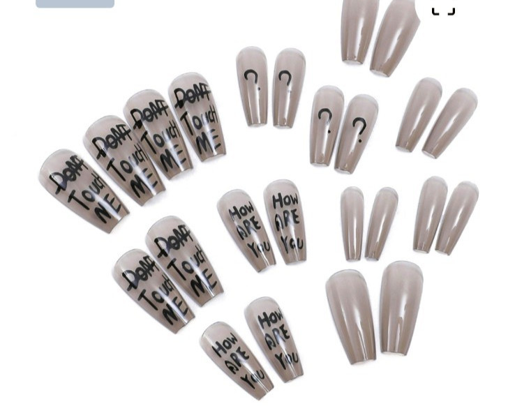 24 Pcs Press-On Nail Long Coffin Glossy – Light Gray w/Graffiti Messages
