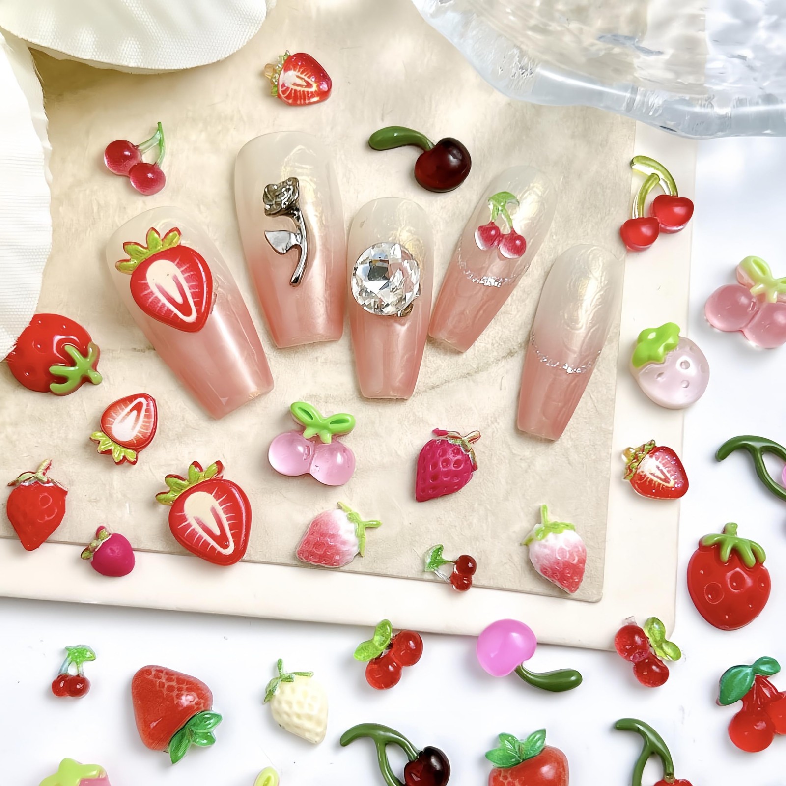 Tephrent 150pcs Strawberry Cherry Nail Charms